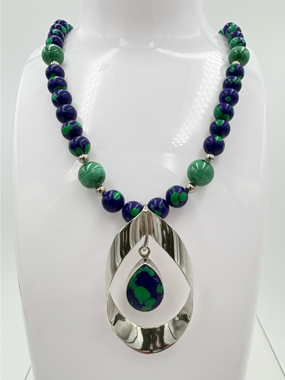 Vintage Navajo Nellie Bane 925 Sterling Azurite Malachite 2” Pendant Necklace